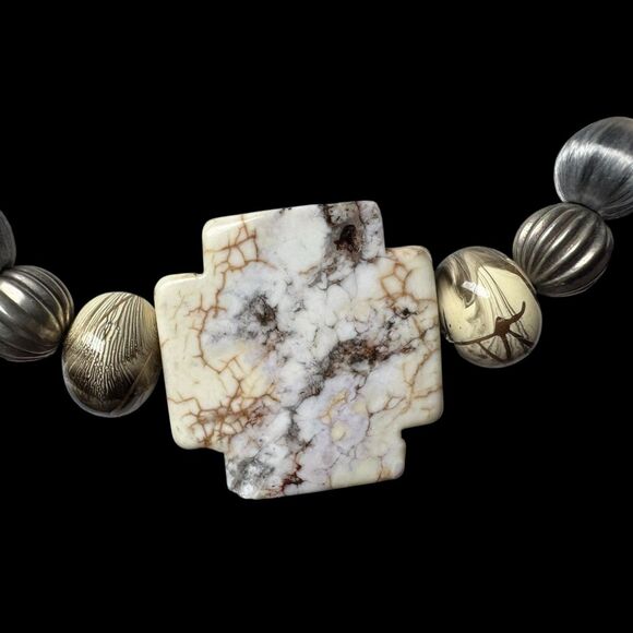 Vintage 1960's Grey Silk Beaded Magnesite Cross Necklace + 43” Long Faux Pearls - Picture 5 of 16